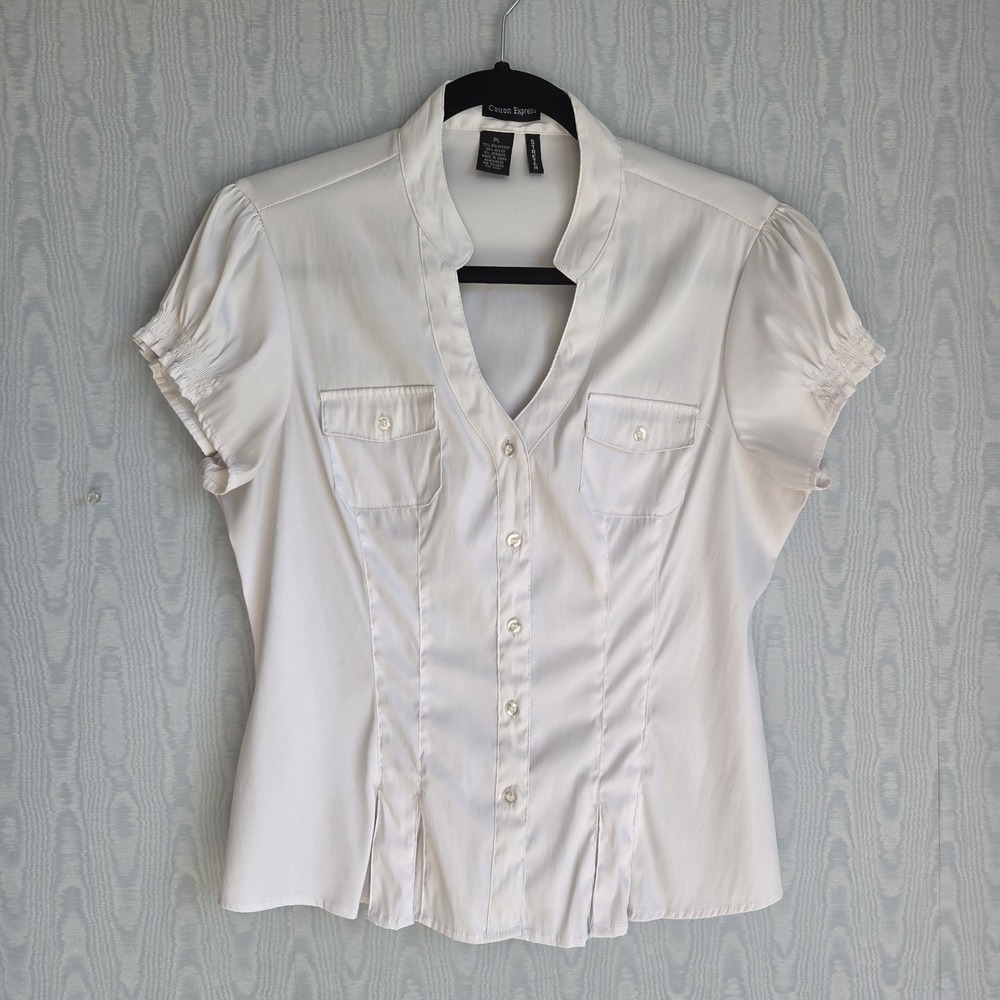 Y2K Button Down Shirt Womens PL Fitted Puff‎ Sleeve Smocked Mean Girls Preppy